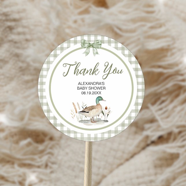 Gingham Sage Green Mallard Duck Baby Shower Classic Round Sticker (Gingham Sage Green Mallard Duck Baby Shower Sticker)