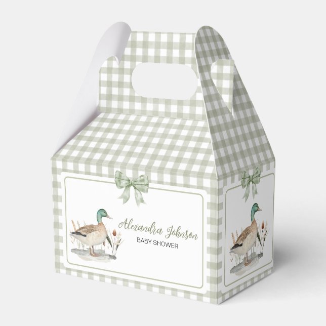 Gingham Sage Green Mallard Duck Baby Shower Favour Box (Front Side)