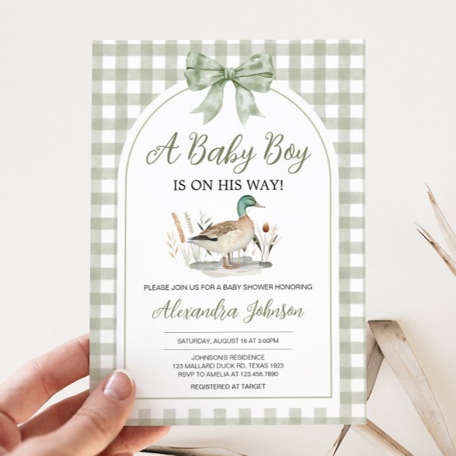 Gingham Sage Green Mallard Duck Baby Shower Invitation (Sage Green Gingham Mallard Duck Hunting Country Baby Shower Invitation)