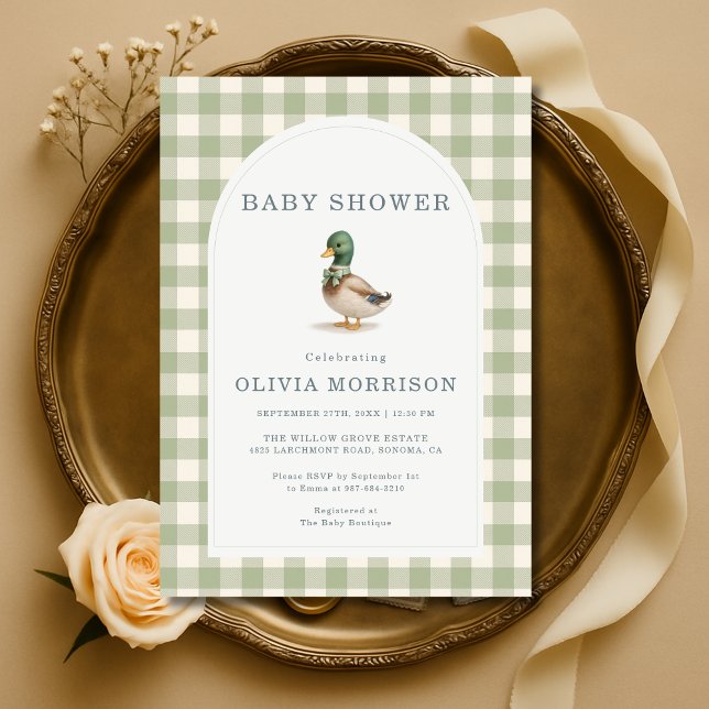 Gingham Sage Green Mallard Duck Bow Baby Shower Invitation (Creator Uploaded)