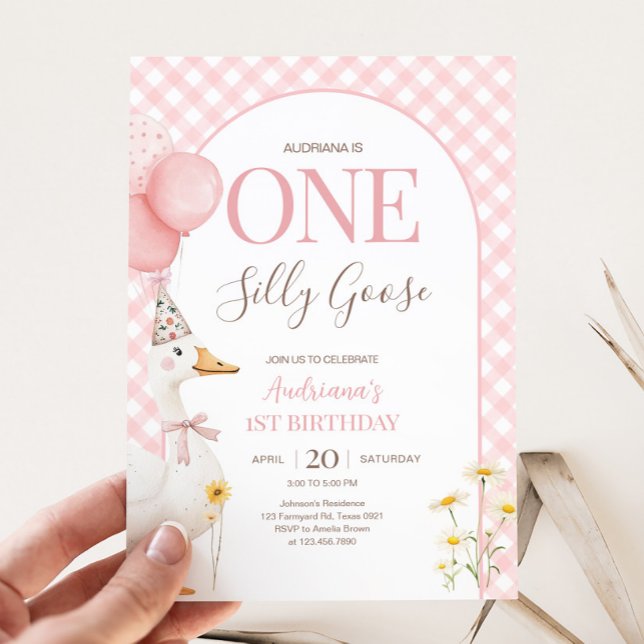 Gingham Silly Goose Birthday Party Invitation (Pink Gingham Silly Goose Birthday Party Invitation)