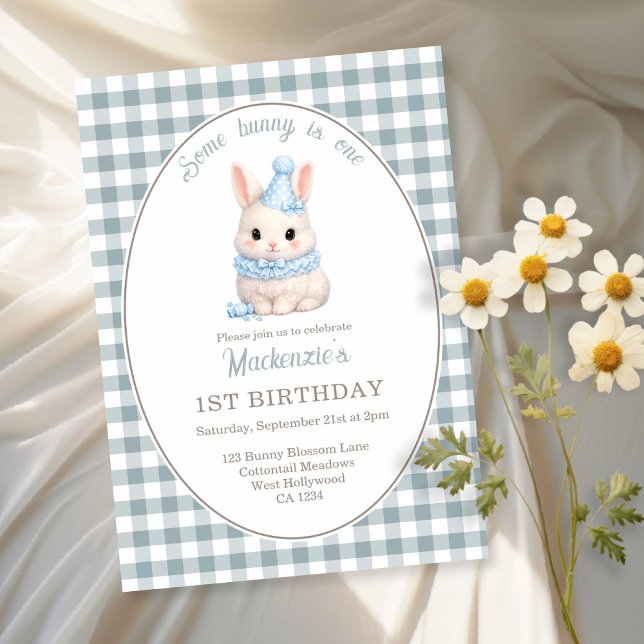 Gingham Some Bunny Is One Birthday Personalized Invitation (Gingham Some Bunny Is One Birthday Personalized Invitation by Ricaso. Blue bunny rabbit party)