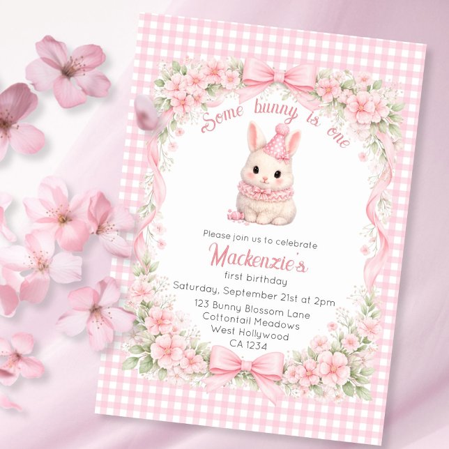 Gingham Some Bunny Is One Birthday Personalized Invitation (Gingham Some Bunny Is One Birthday Personalized Invitation
by Ricaso. Pink bunny rabbit in party hat)