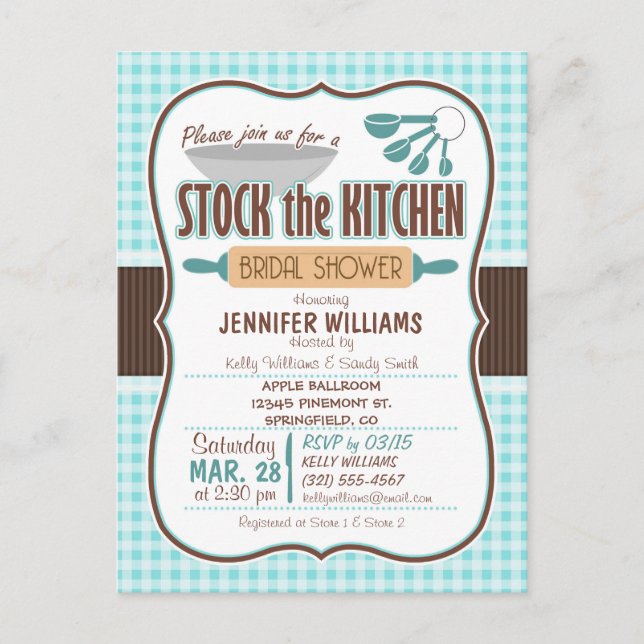 Gingham Stock the Kitchen Bridal Shower Invitation Postcard (Front)