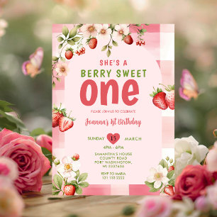 Gingham Strawberry Sweet One Berry 1st Birthday Invitation