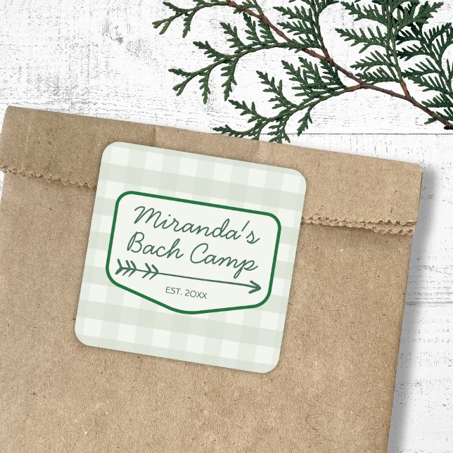 Gingham Summer Camp Bachelorette Camping Square Sticker (Gingham Summer Camp Bachelorette Camping Square Sticker)