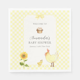 Gingham Sunflower Chicken Baby Shower Welcome Napkin