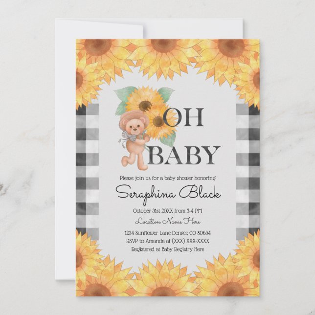 Gingham Sunflower Teddy Bear Baby Shower Invitation (Front)