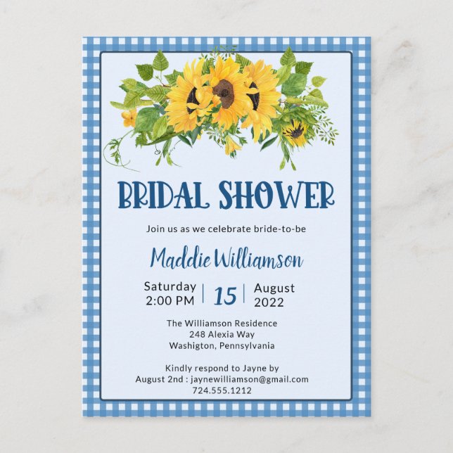 Gingham Sunflowers Rustic Bridal Shower Invitation (Front)