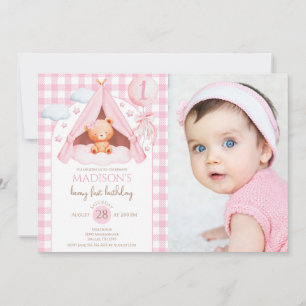 Gingham Teddy Bear Balloon Photo Girl 1st Birthday Invitation