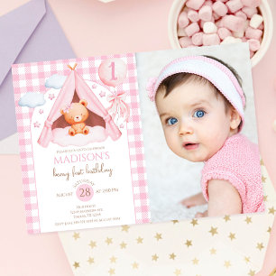 Gingham Teddy Bear Balloon Photo Girl 1st Birthday Invitation