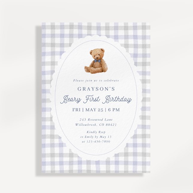 Gingham Teddy Bear Beary First Birthday Invitation (Creator Uploaded)