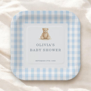 Gingham Teddy Bear Blue Boy Baby Shower Party Paper Plate