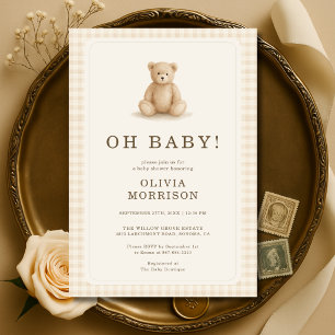 Gingham Teddy Bear Oh Baby Baby Shower Invitation