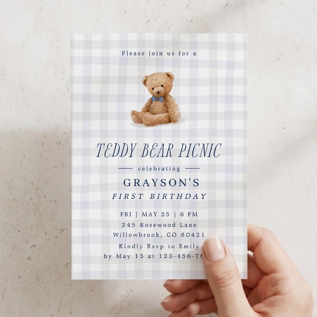 Gingham Teddy Bear Picnic First Birthday  Invitation (Creator Uploaded)