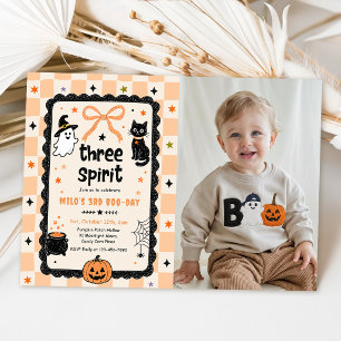 Gingham Three or Spirit Halloween Birthday Photo Invitation