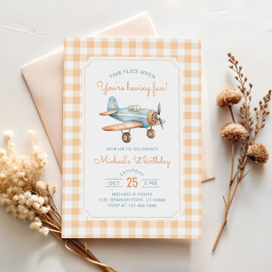 Gingham Time Flies Aeroplane First Birthday Invitation