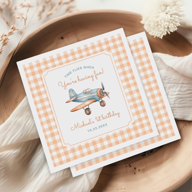 Gingham Time Flies Aeroplane First Birthday Napkin (Creator Uploaded)