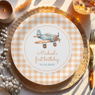 Gingham Time Flies Aeroplane First Birthday Paper Plate