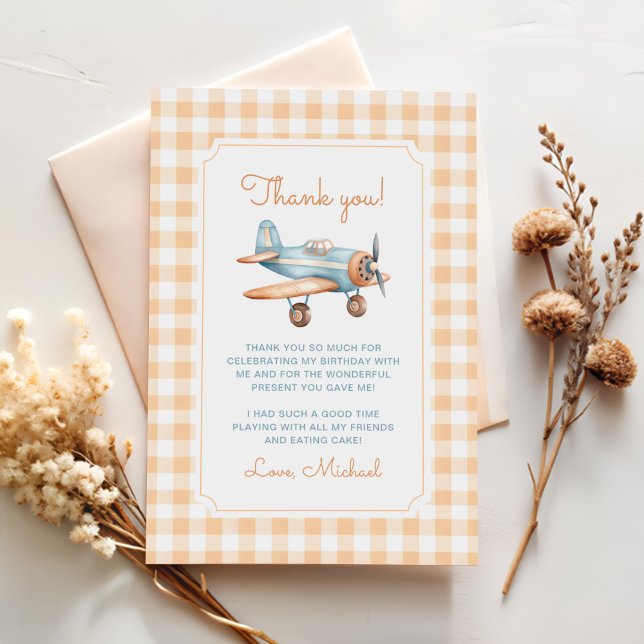Gingham Time Flies Aeroplane First Birthday Thank You Card (Creator Uploaded)