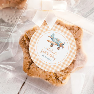 Gingham Time Flies Airplane First Birthday Classic Round Sticker