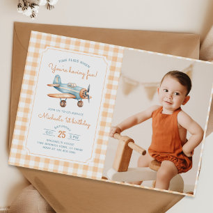 Gingham Time Flies Airplane First Birthday Photo Invitation