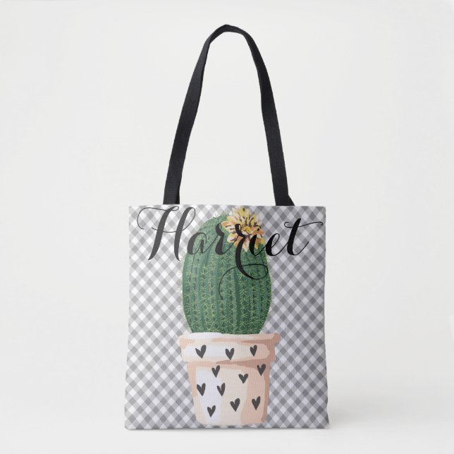 Gingham Tote Bag with Cactus pot Customisable (Front)