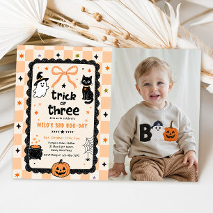 Gingham Trick Or Three Halloween Birthday Photo Invitation