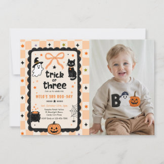 Gingham Trick Or Three Halloween Birthday Photo Invitation