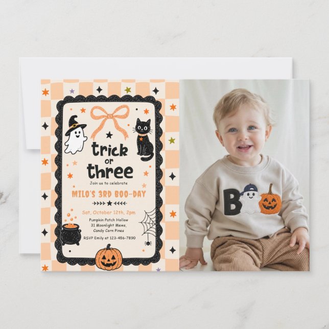 Gingham Trick Or Three Halloween Birthday Photo Invitation (Front)