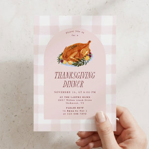 Gingham Turkey Illustration Thanksgiving Dinner Invitation