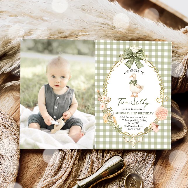Gingham Two Silly Goose 2nd Birthday Photo Invitation (Creator Uploaded)