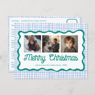 Gingham Wavy Blue Green Christmas Custom 3 Photo Holiday Postcard