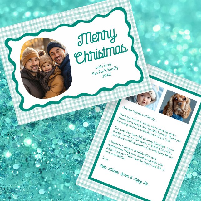 Gingham Wavy Green Christmas Custom 3 Photo  Holiday Card (Chic Preppy Cute Gingham Wavy Green Christmas Custom 3 Photo Collage Family Holiday Card
)