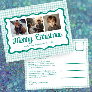 Gingham Wavy Green Christmas Custom 3 Photo Holiday Postcard