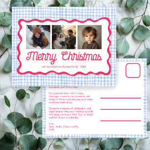 Gingham Wavy Pink Blue Christmas Custom 3 Photo Holiday Postcard