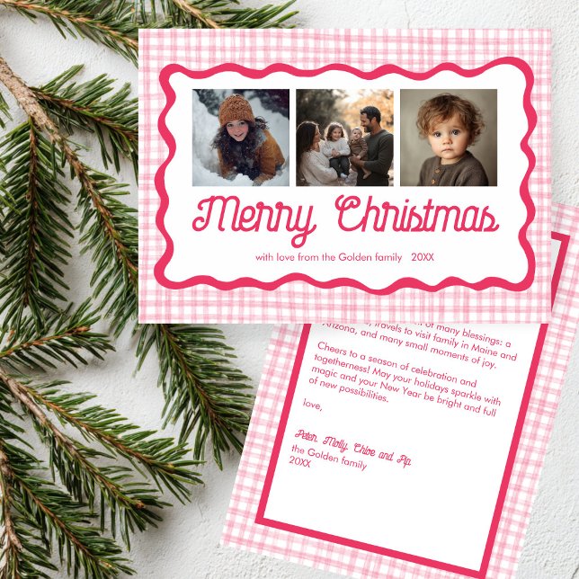 Gingham Wavy Pink Christmas Custom 3 Photo  Holiday Card (Gingham Wavy Pink Christmas Custom 3 Photo Holiday Card
)