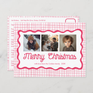 Gingham Wavy Pink Christmas Custom 3 Photo Holiday Postcard