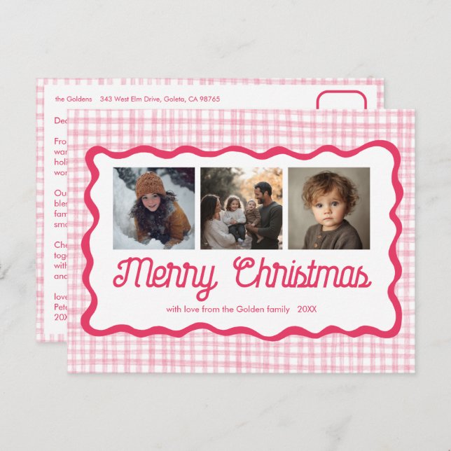 Gingham Wavy Pink Christmas Custom 3 Photo  Holiday Postcard (Front/Back)
