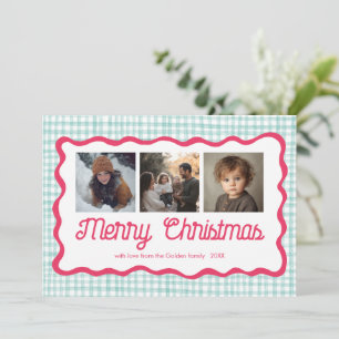 Gingham Wavy Pink Green Christmas Custom 3 Photo Holiday Card