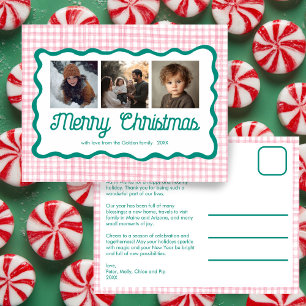 Gingham Wavy Pink Green Christmas Custom 3 Photo Holiday Postcard