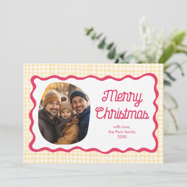 Gingham Wavy Pink Yellow Christmas Custom 3 Photo  Holiday Card (Standing Front)