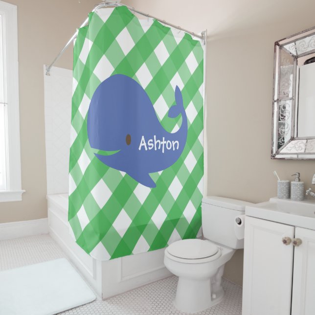 Gingham Whale Personalised Shower Curtain (In Situ)