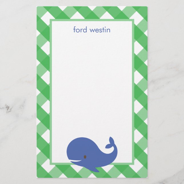 Gingham Whale Personalised Stationery (Front)