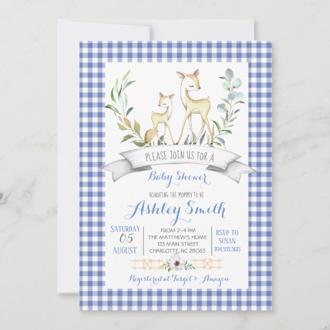 Gingham woodland deer baby shower invitation (Front)