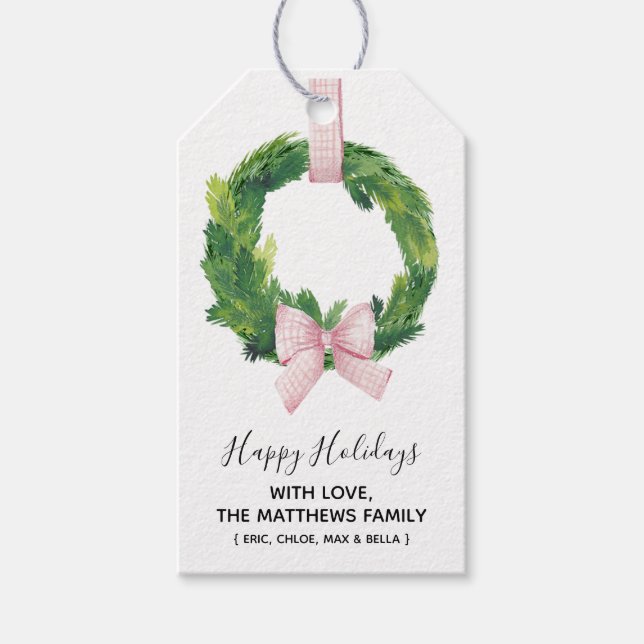 Gingham Wreath Holiday Christmas Gift Tags (Front)