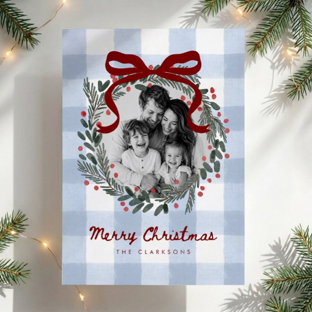 Gingham Wreath Photo Christmas Card (Creator Uploaded)