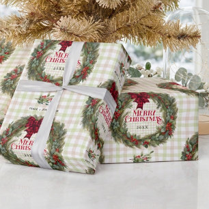 Gingham Wreath Watercolor Christmas Wrapping Paper