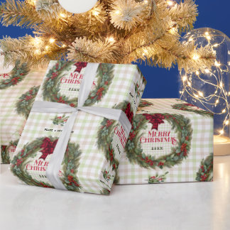 Gingham Wreath Watercolor Christmas Wrapping Paper