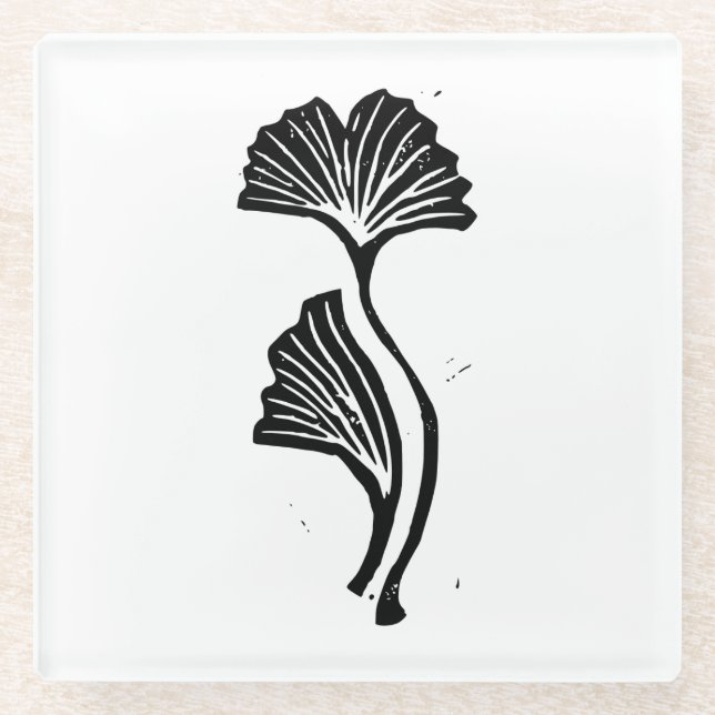 Gingko Leaf Lino Print Glass Coaster (Front)